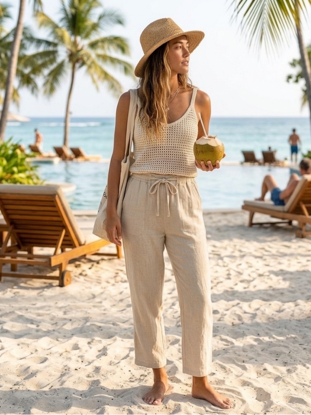 Cubavera Neutral Drawstring Cropped Linen Pants Size Small Khaki Elastic Waist